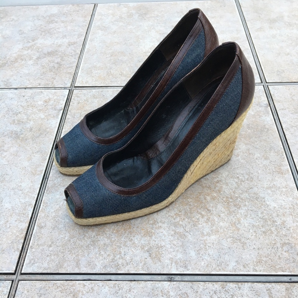 Fendi peep toe denim trim wedge espadrilles 37.5